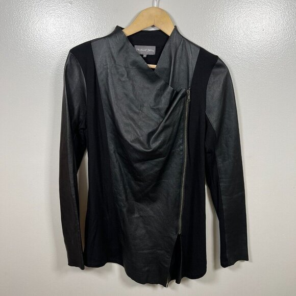 Michael Stars Asymmetric Leather Jacket Size Large Black Draped Mixed Material - Picture 1 of 9
